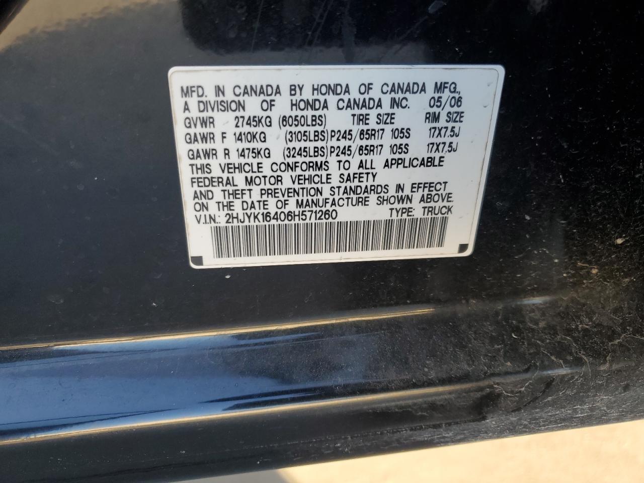 2006 Honda Ridgeline VIN 2HJYK16406H571260 Copart auction photo, side damage thumbnail 12