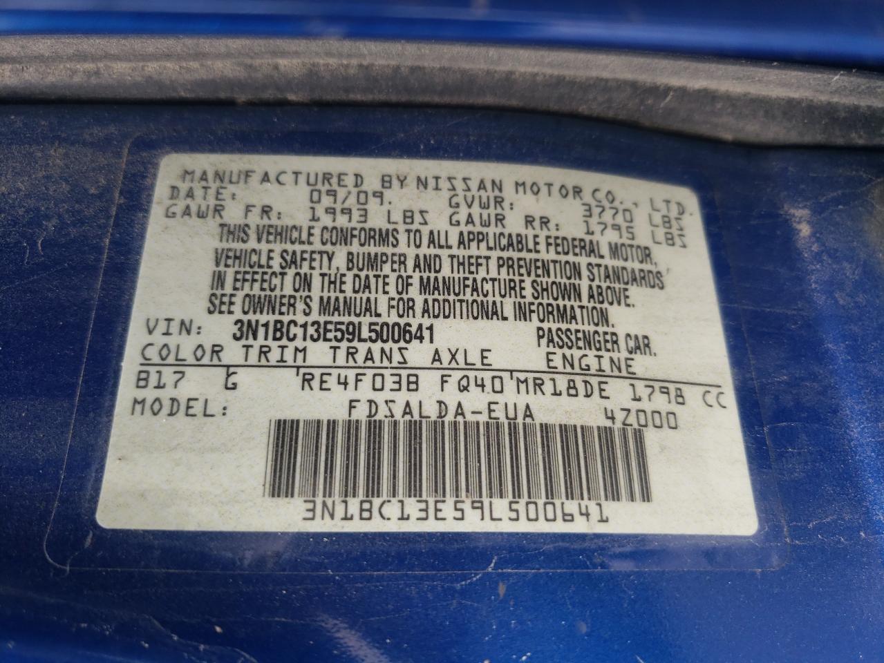 2009 Nissan Versa VIN 3N1BC13E59L500641 Copart auction photo, mechanical / rollover damage thumbnail 12
