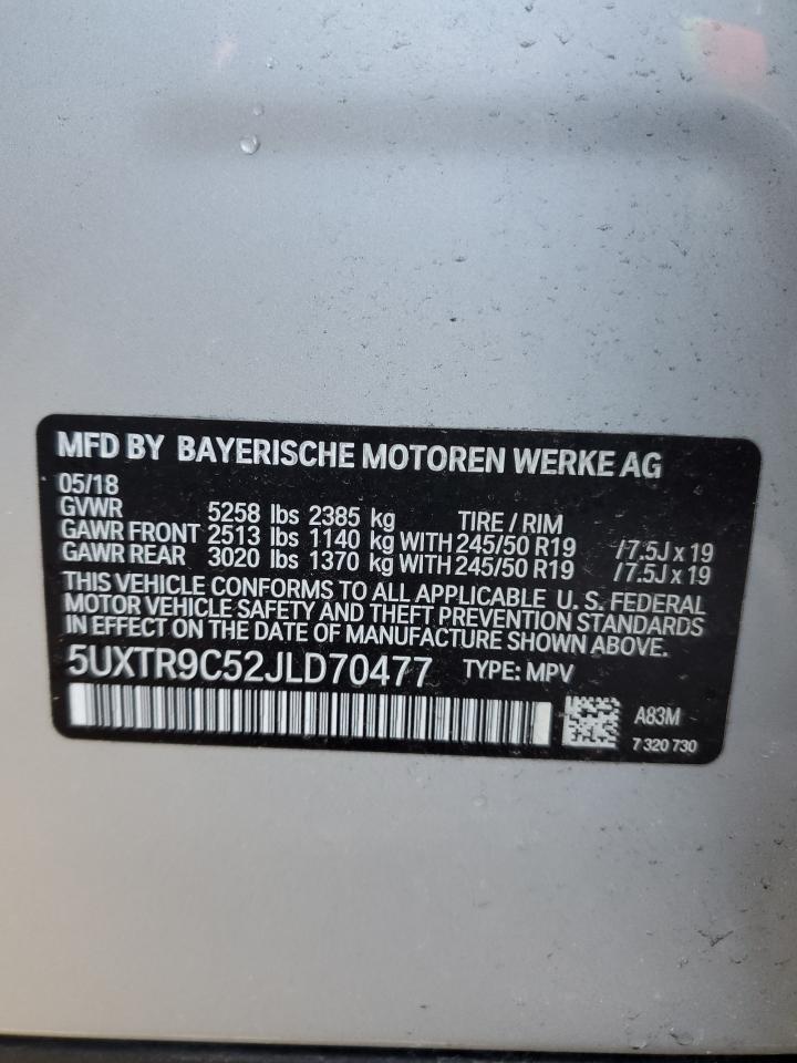2018 BMW X3 VIN 5UXTR9C52JLD70477 Copart auction photo, front end / side damage thumbnail 13