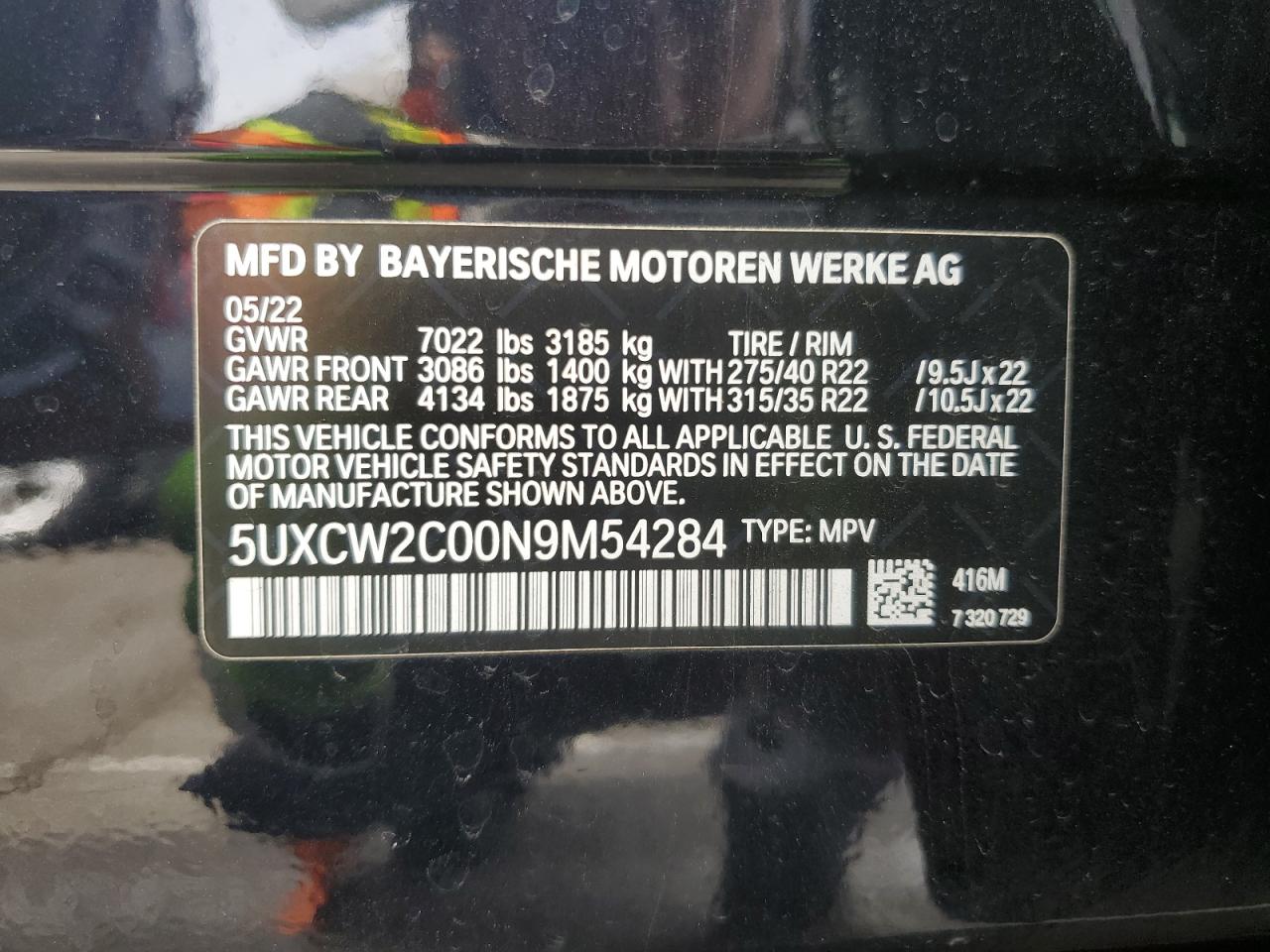 2022 BMW X7 VIN 5UXCW2C00N9M54284 Copart auction photo, rear end damage thumbnail 14