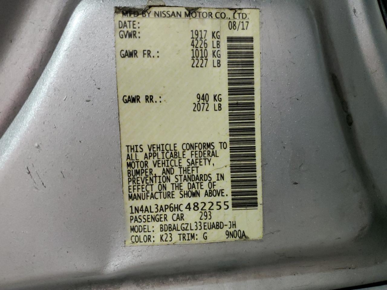 2017 Nissan Altima VIN 1N4AL3AP6HC482255 Copart auction photo, front end / all over damage thumbnail 13