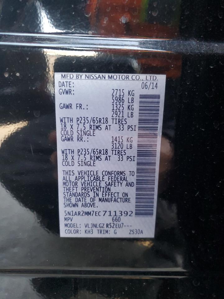 2014 Nissan Pathfinder VIN 5N1AR2MM7EC711392 Copart auction photo, front end damage thumbnail 13