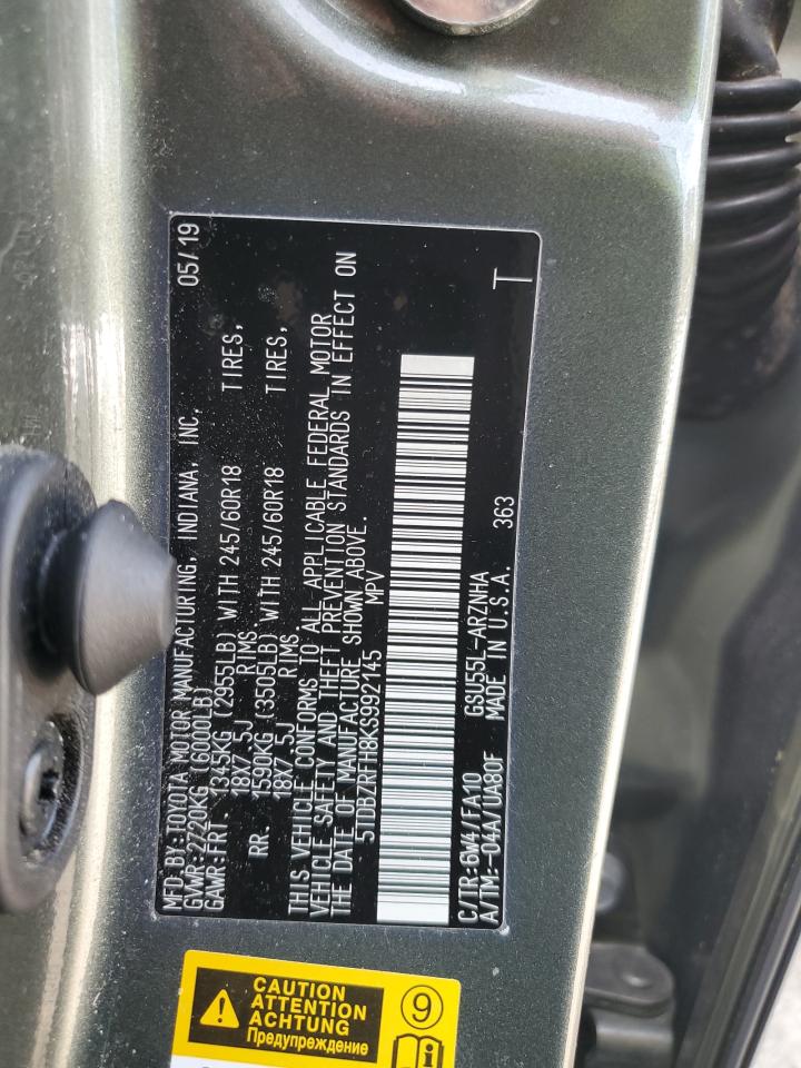 2019 Toyota Highlander VIN 5TDBZRFH8KS992145 Copart auction photo, front end / side damage thumbnail 13
