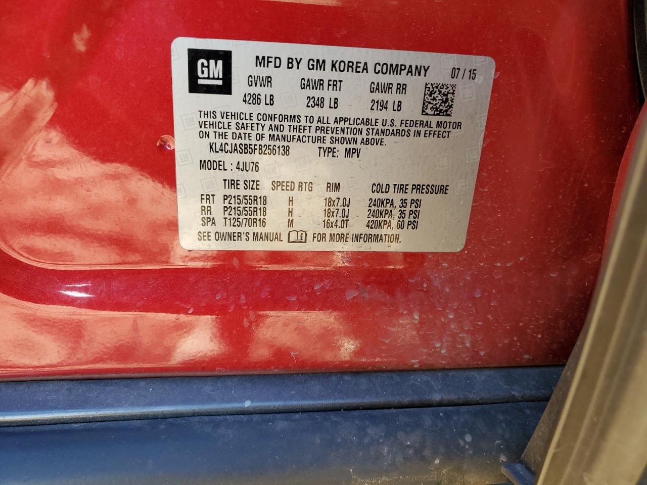 2015 Buick Encore VIN KL4CJASB5FB256138 Copart auction photo, front end / minor dent/scratches damage thumbnail 15