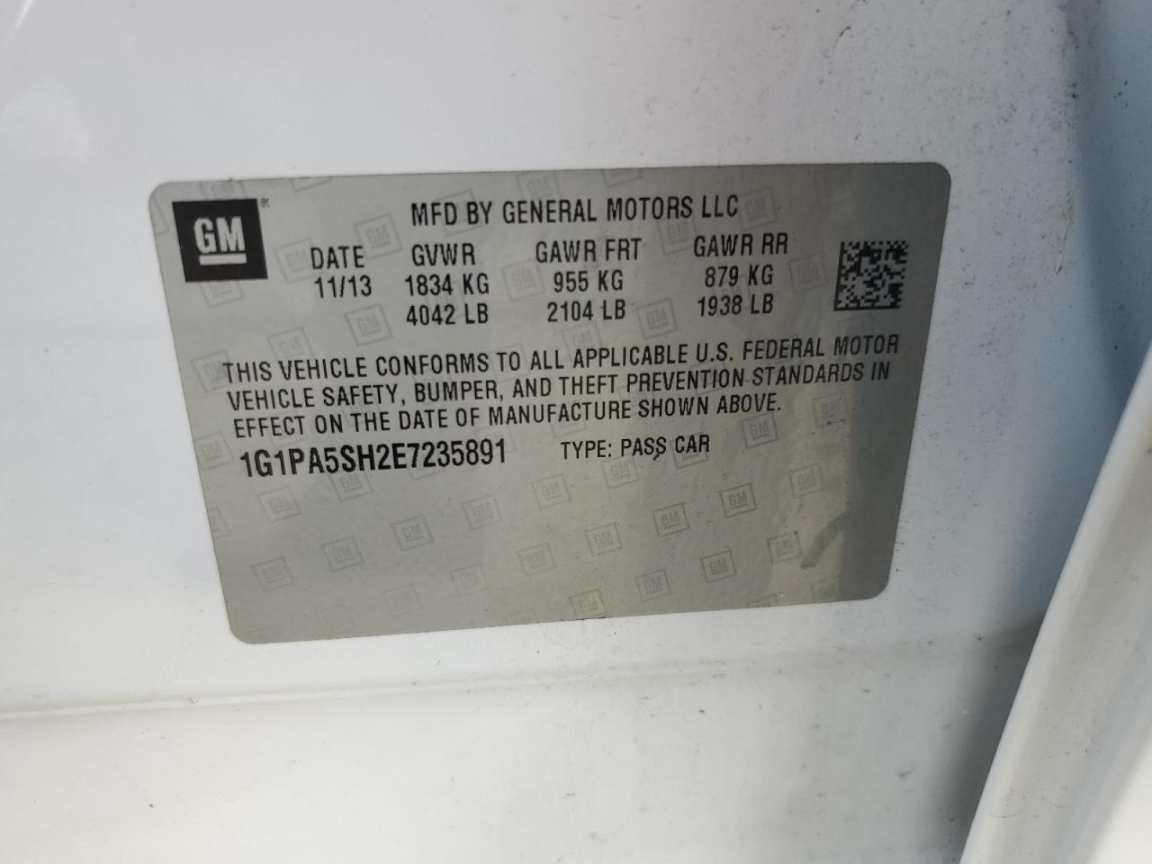 2014 Chevrolet Cruze VIN 1G1PA5SH2E7235891 Copart auction photo, front end / minor dent/scratches damage thumbnail 13