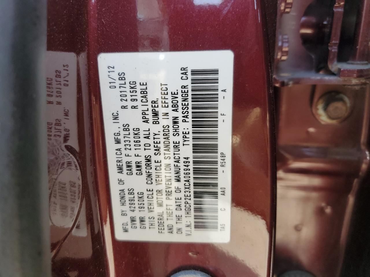 2012 Honda Accord VIN 1HGCP2E3XCA069494 Copart auction photo, rear end / side damage thumbnail 12