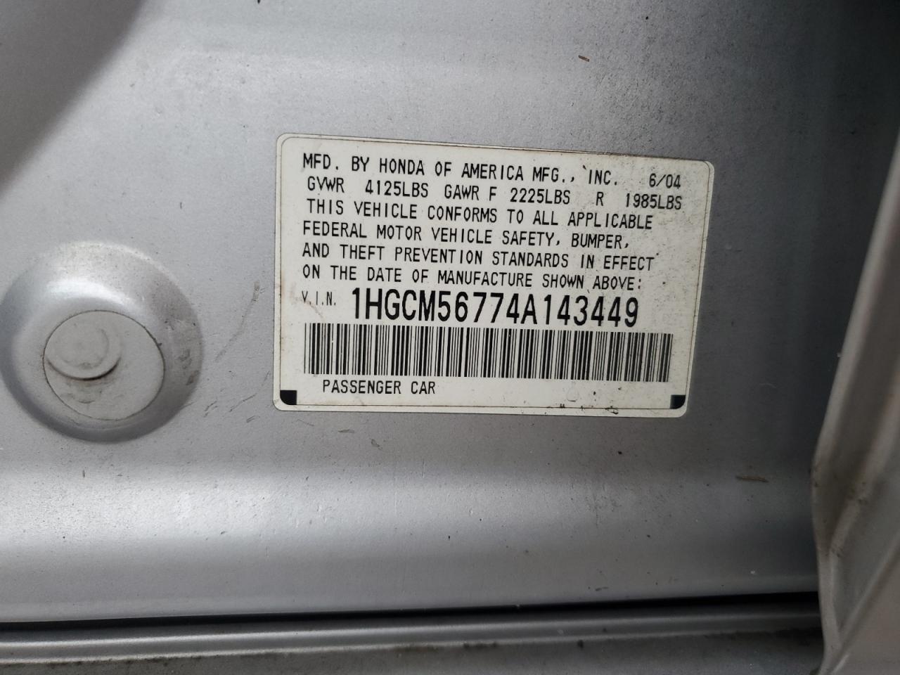2004 Honda Accord VIN 1HGCM56774A143449 Copart auction photo, water/flood damage thumbnail 13