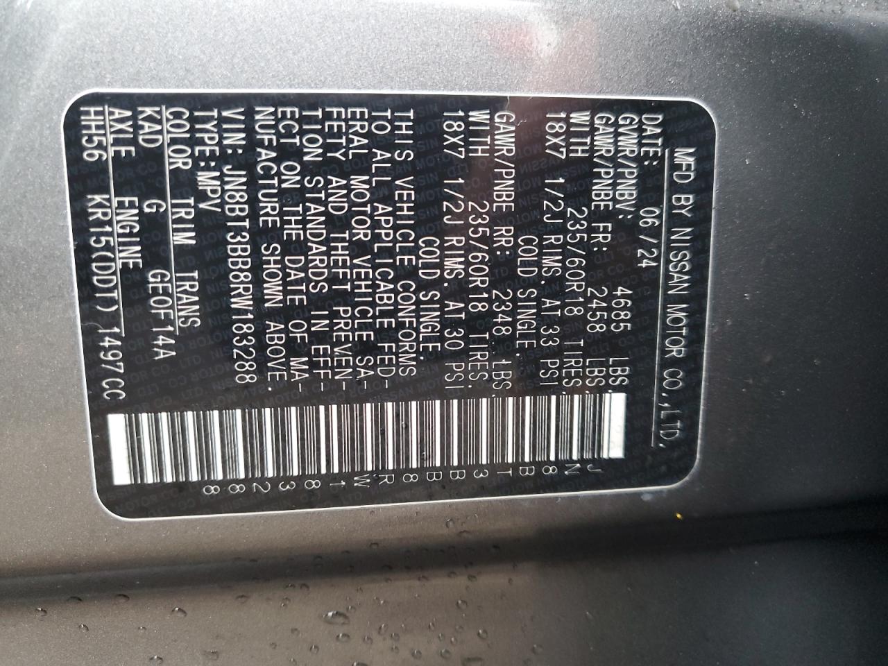 2024 Nissan Rogue VIN JN8BT3BB8RW183288 Copart auction photo, front end / minor dent/scratches damage thumbnail 13