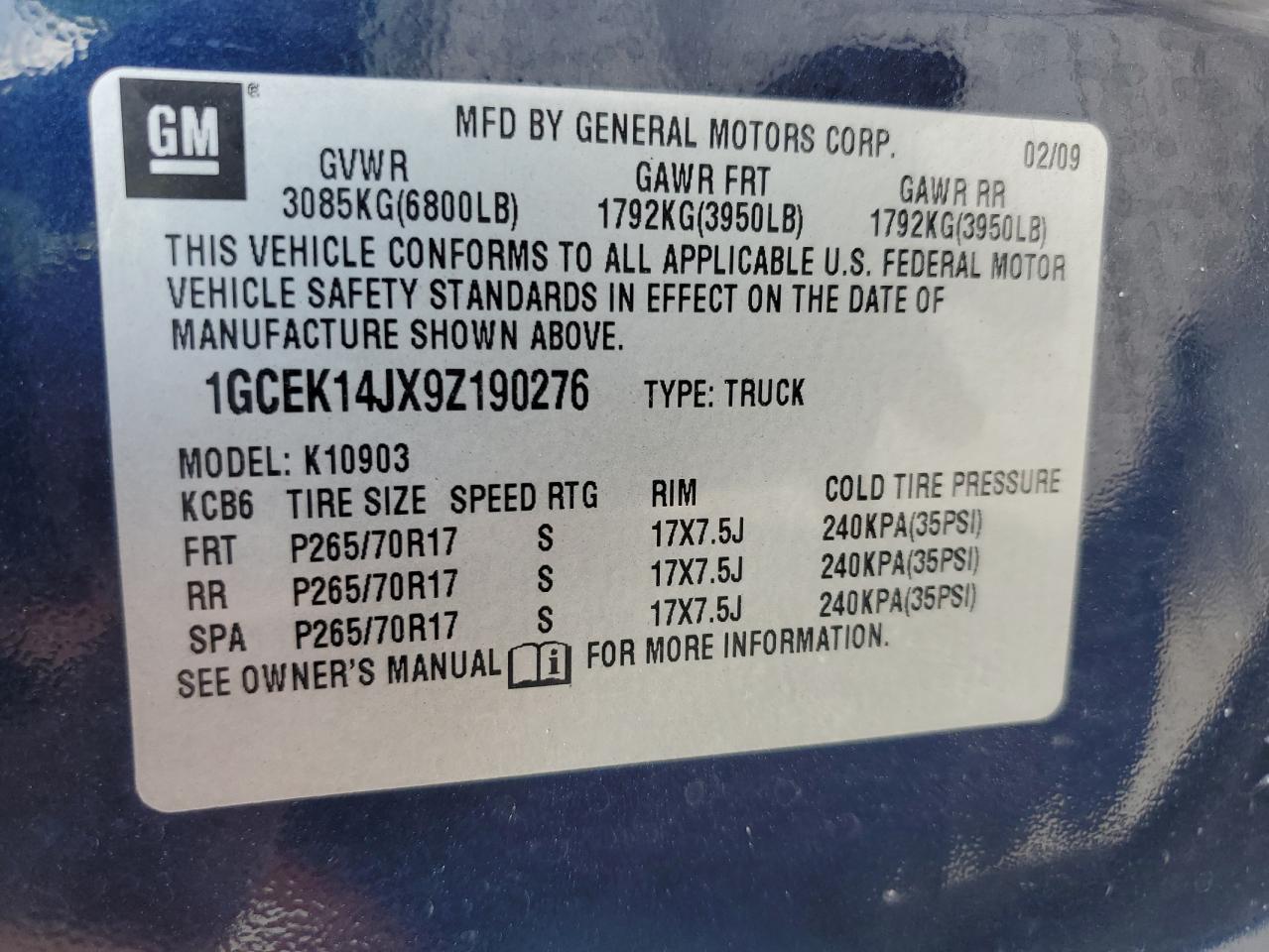 2009 Chevrolet Silverado VIN 1GCEK14JX9Z190276 Copart auction photo, front end / rear end damage thumbnail 12