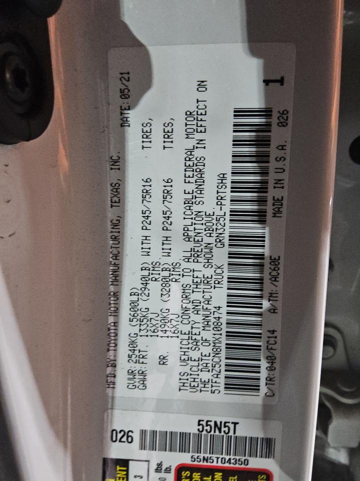 2021 Toyota Tacoma VIN 5TFAZ5CN8MX108474 Copart auction photo, front end / side damage thumbnail 13