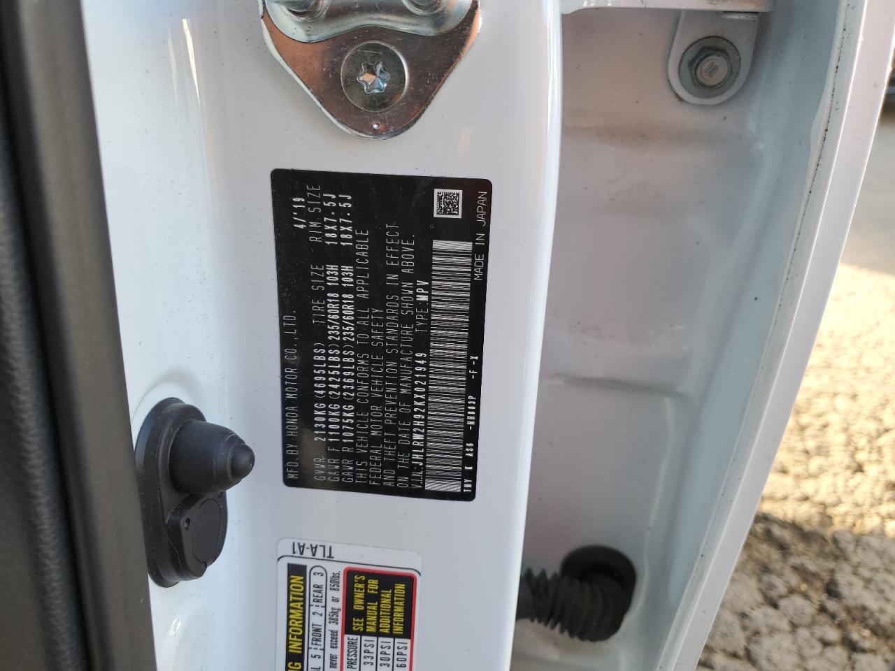 2019 Honda CR-V VIN JHLRW2H92KX021949 Copart auction photo, side damage thumbnail 13