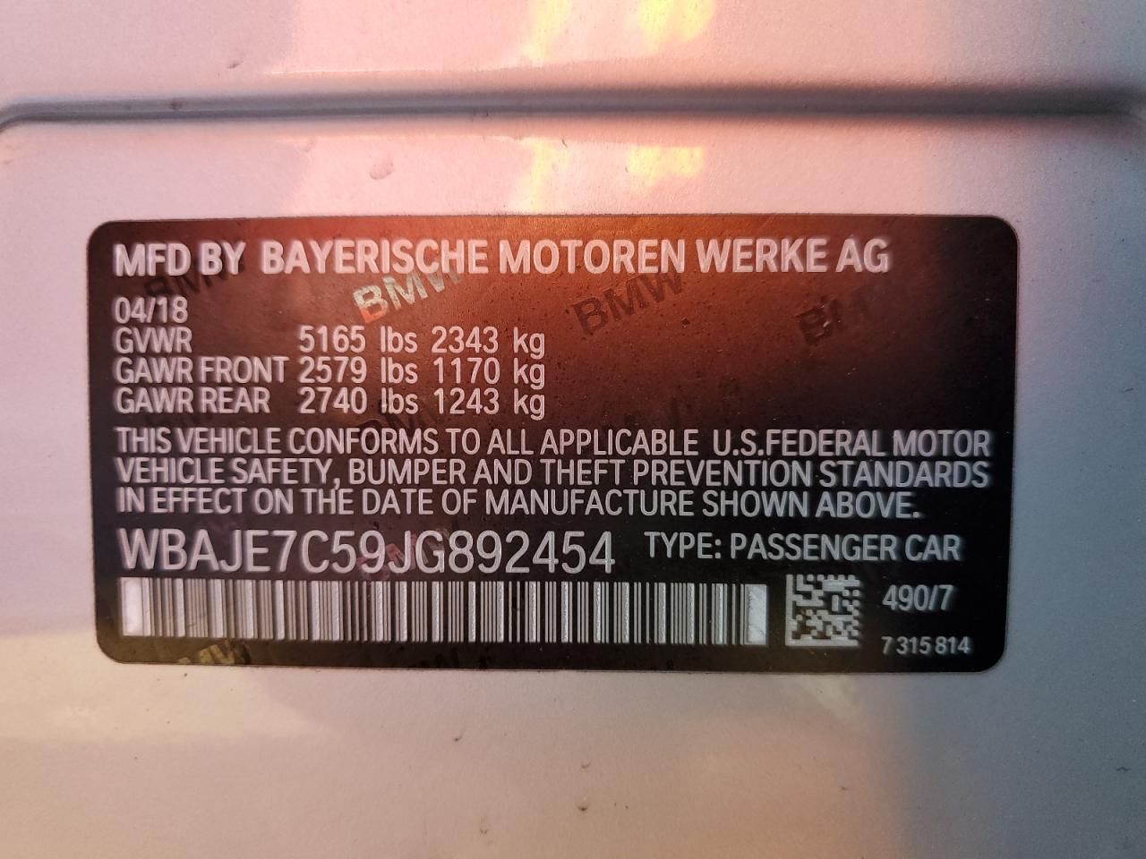 2018 BMW 5er VIN WBAJE7C59JG892454 Copart auction photo, front end / rear end damage thumbnail 13