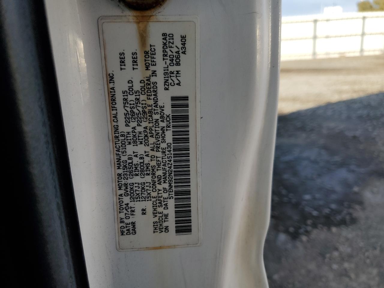 2004 Toyota Tacoma VIN 5TENM92N24Z451430 Copart auction photo, rear end damage thumbnail 12
