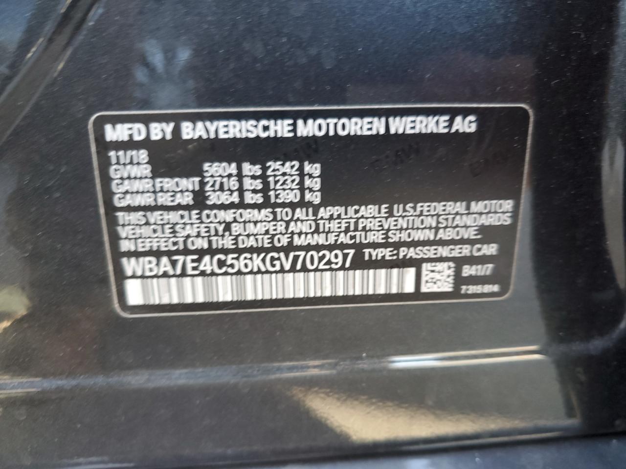 2019 BMW 7er VIN WBA7E4C56KGV70297 Copart auction photo, front end / side damage thumbnail 13