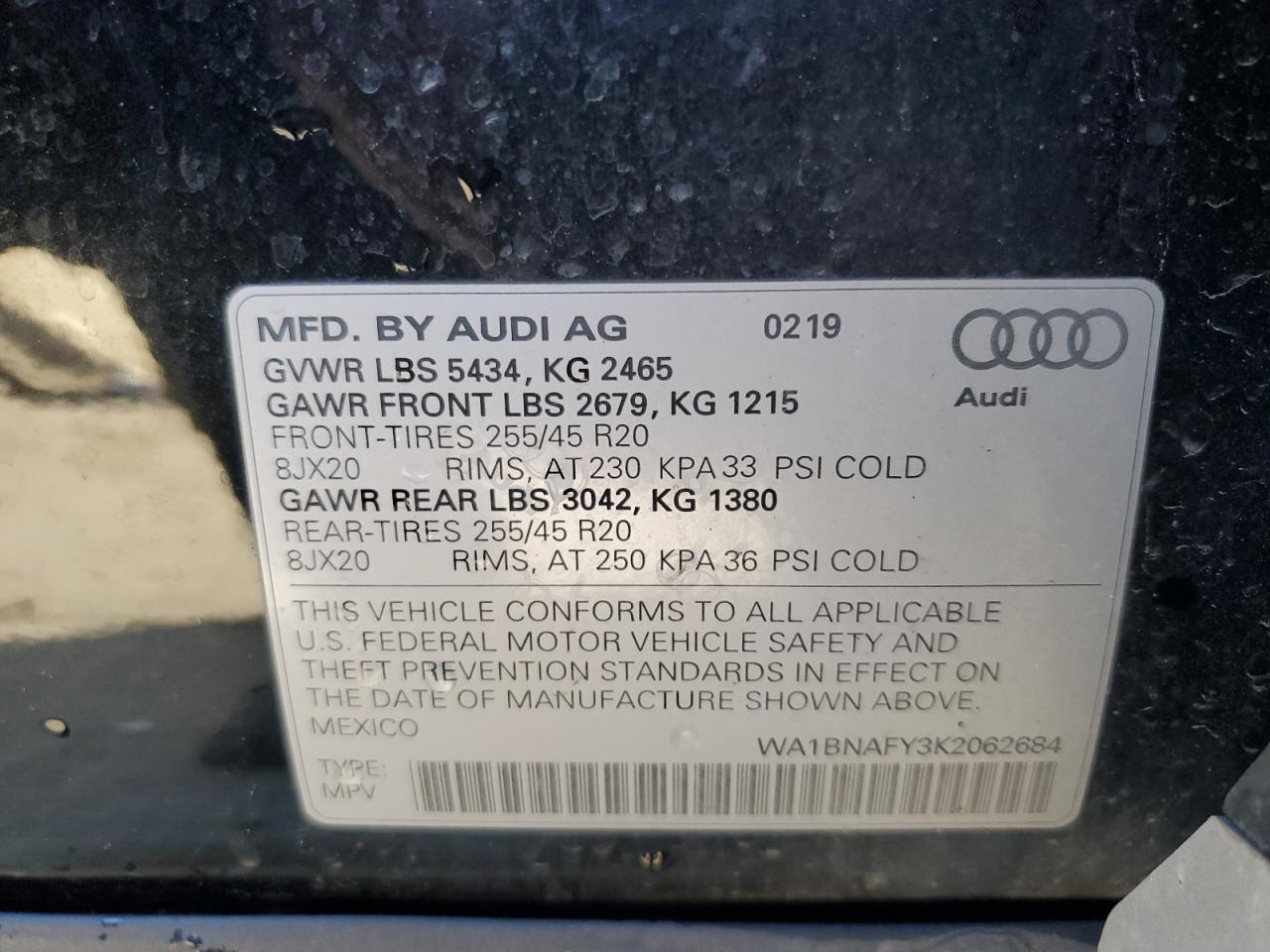2019 Audi Q5 VIN WA1BNAFY3K2062684 Copart auction photo, rear end damage thumbnail 13