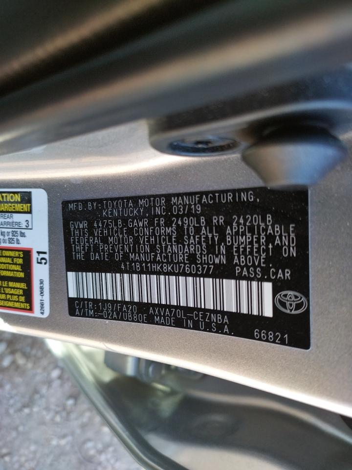 2019 Toyota Camry VIN 4T1B11HK8KU760377 Copart auction photo, side / rear end damage thumbnail 10