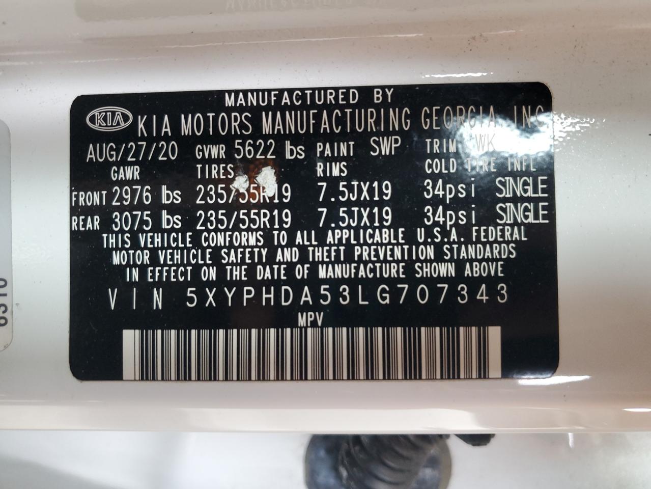 2020 KIA Sorento VIN 5XYPHDA53LG707343 Copart auction photo, front end damage thumbnail 14