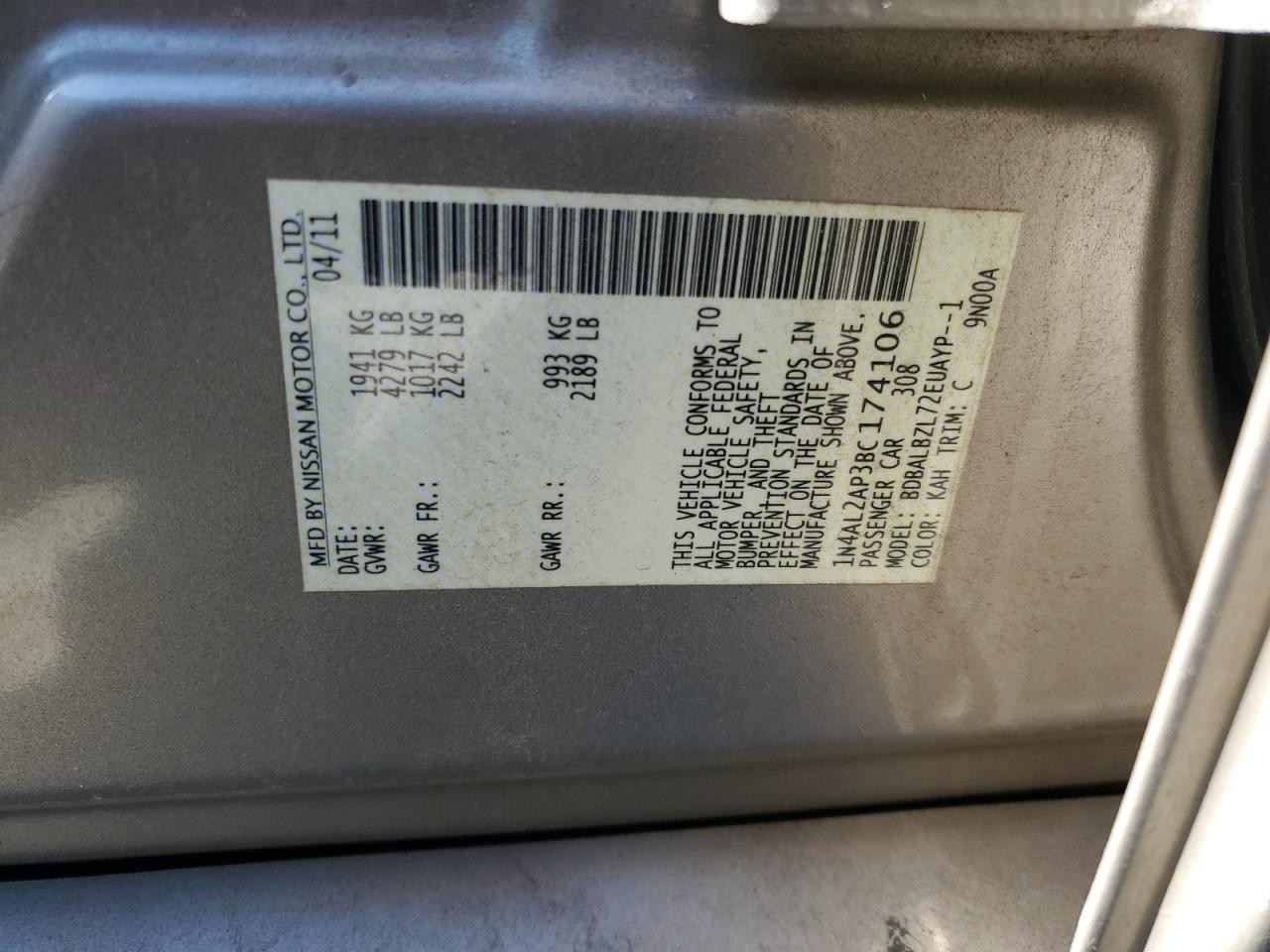 2011 Nissan Altima VIN 1N4AL2AP3BC174106 Copart auction photo, front end damage thumbnail 14