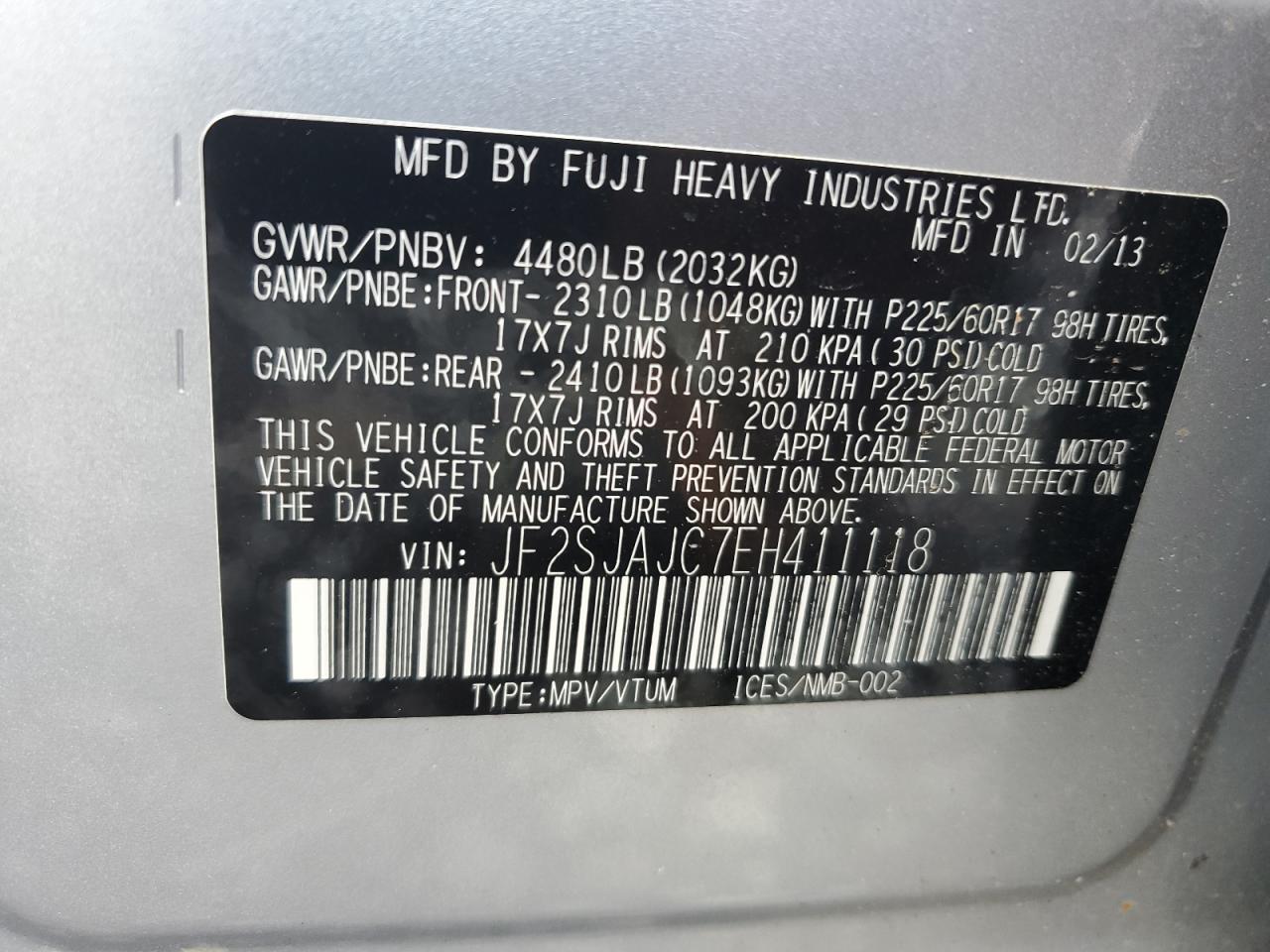2014 Subaru Forester VIN JF2SJAJC7EH411118 Copart auction photo, front end / all over damage thumbnail 14