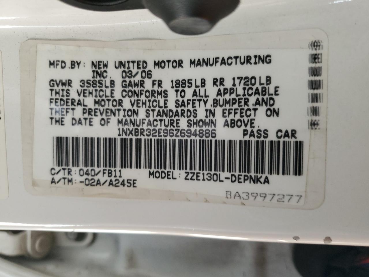 2006 Toyota Corolla VIN 1NXBR32E96Z694886 Copart auction photo, rear end damage thumbnail 12
