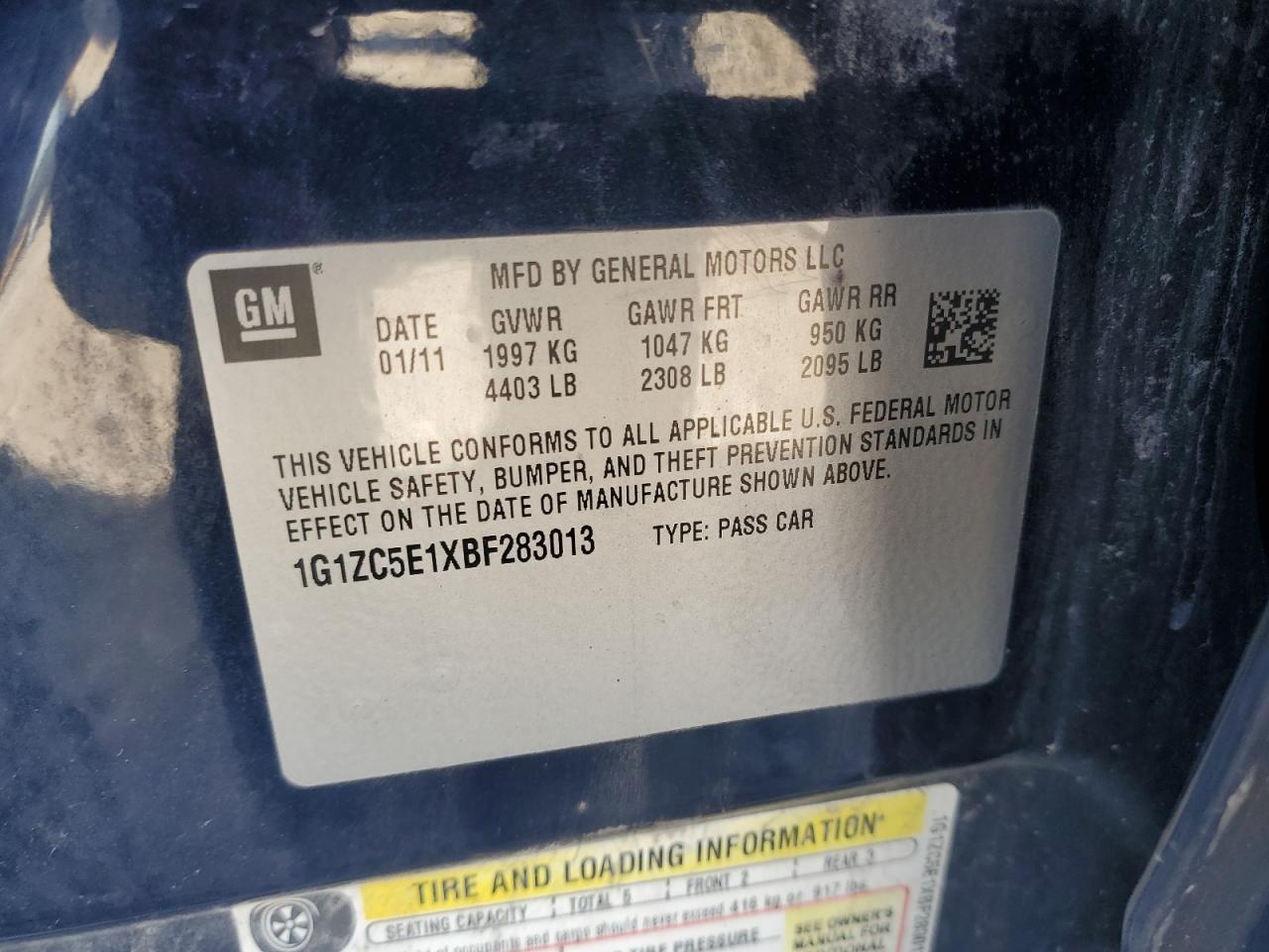 2011 Chevrolet Malibu VIN 1G1ZC5E1XBF283013 Copart auction photo, rear end / side damage thumbnail 12