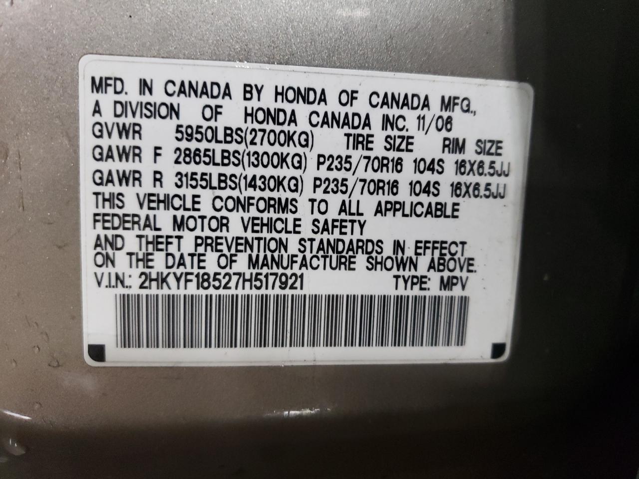 2007 Honda Pilot VIN 2HKYF18527H517921 Copart auction photo, minor dent/scratches damage thumbnail 13
