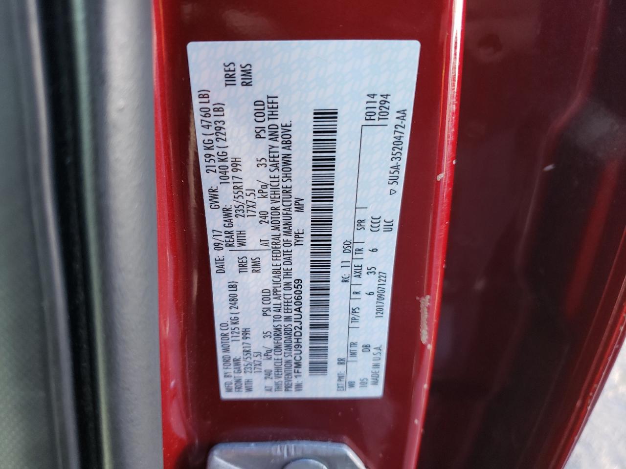 2018 Ford Escape VIN 1FMCU9HD2JUA06059 Copart auction photo, front end / minor dent/scratches damage thumbnail 14