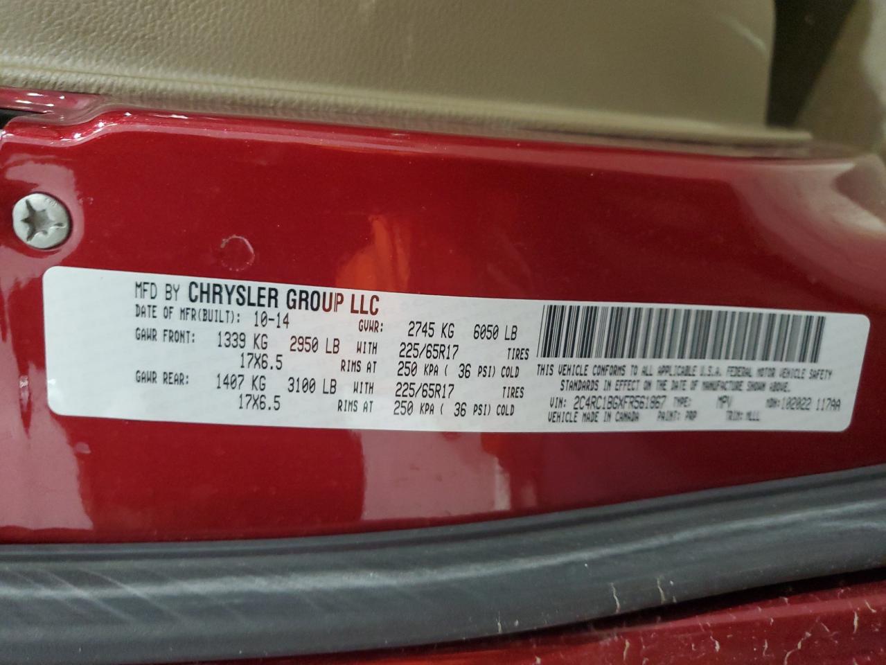 2015 Chrysler Town & Country VIN 2C4RC1BGXFR561867 Copart auction photo, front end damage thumbnail 13