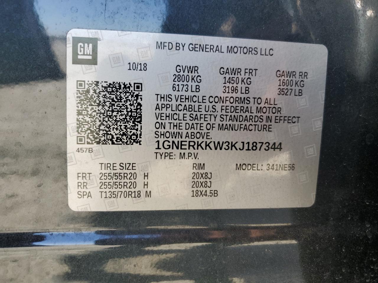 2019 Chevrolet Traverse VIN 1GNERKKW3KJ187344 Copart auction photo, top/roof / minor dent/scratches damage thumbnail 13