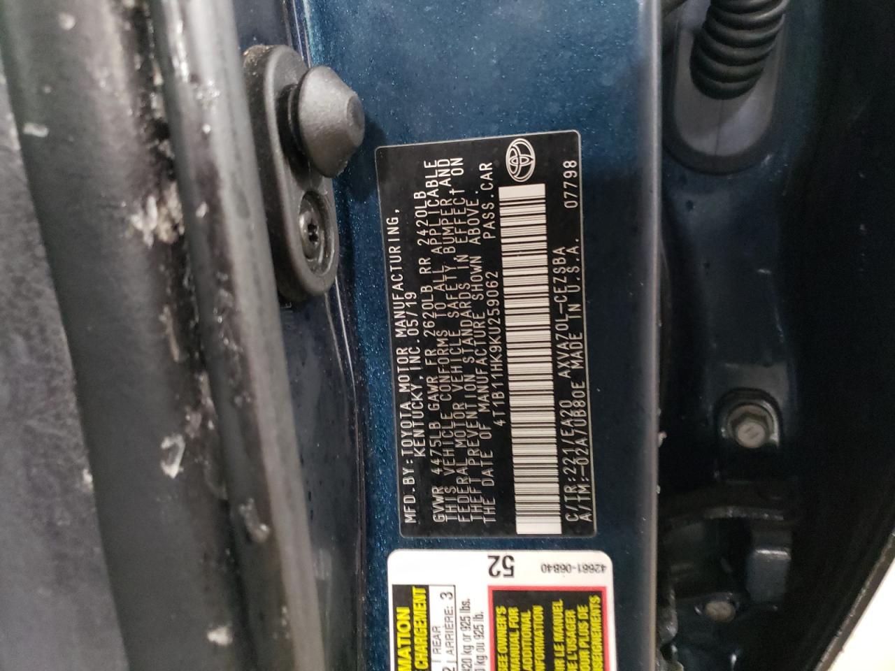 2019 Toyota Camry VIN 4T1B11HK9KU259062 Copart auction photo, front end damage thumbnail 13