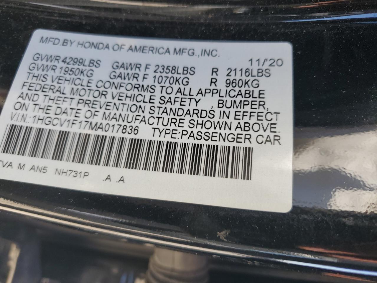 2021 Honda Accord VIN 1HGCV1F17MA017836 Copart auction photo, front end damage thumbnail 13
