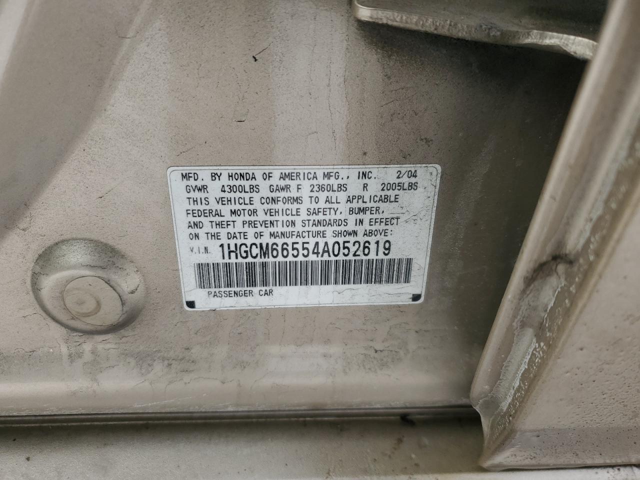 2004 Honda Accord VIN 1HGCM66554A052619 Copart auction photo, front end damage thumbnail 15