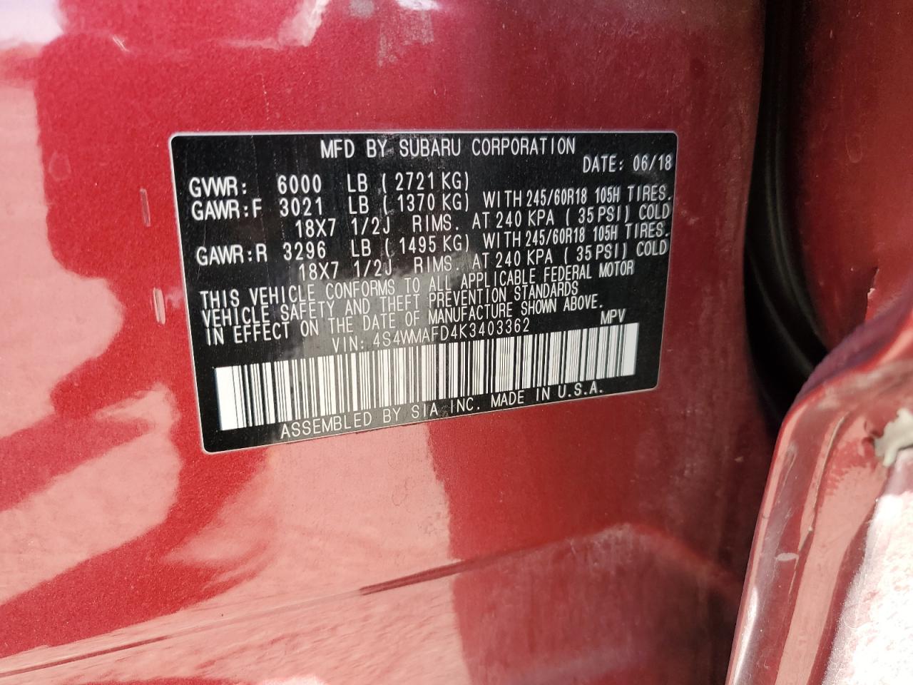 2019 Subaru Ascent VIN 4S4WMAFD4K3403362 Copart auction photo, front end / side damage thumbnail 13
