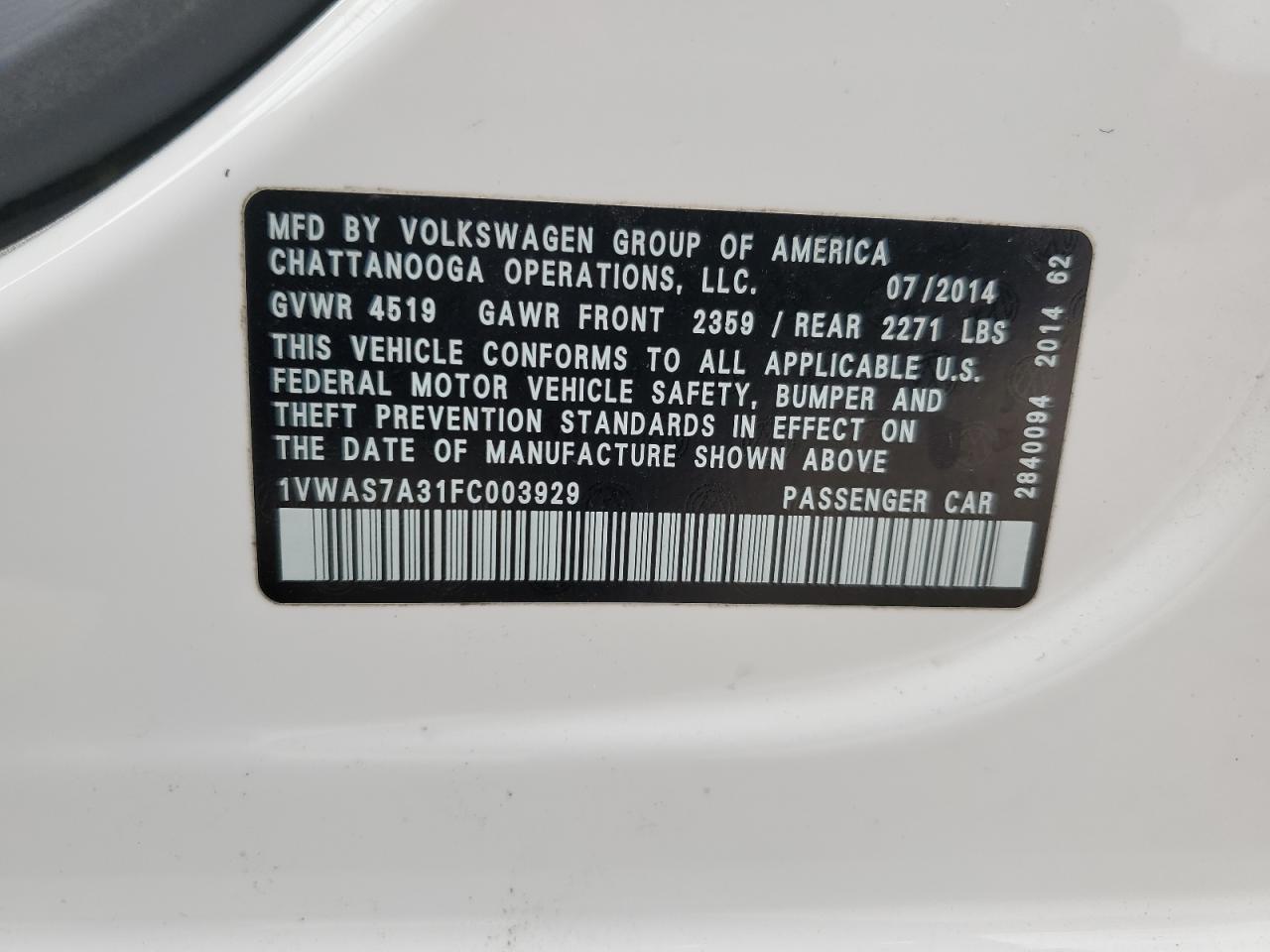 2015 Volkswagen Passat VIN 1VWAS7A31FC003929 Copart auction photo, rear end / front end damage thumbnail 12