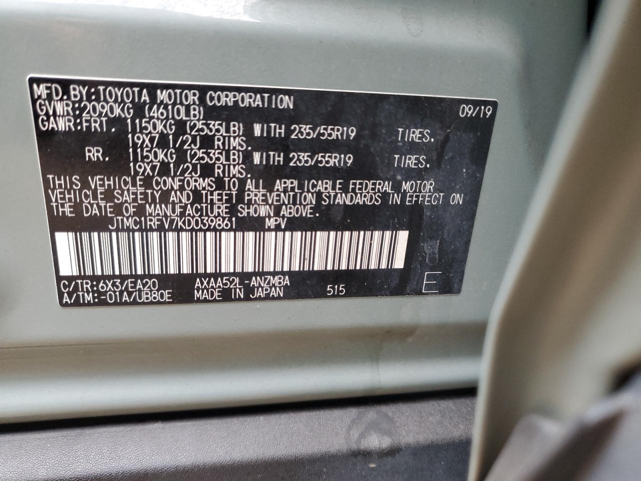 2019 Toyota RAV 4 VIN JTMC1RFV7KD039861 Copart auction photo, front end / side damage thumbnail 13