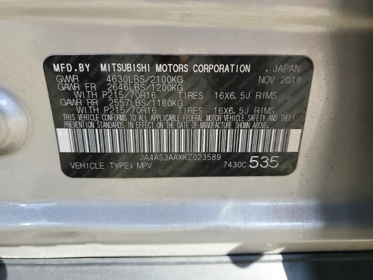 2019 Mitsubishi Eclipse VIN JA4AS3AAXKZ023589 Copart auction photo, side damage thumbnail 12