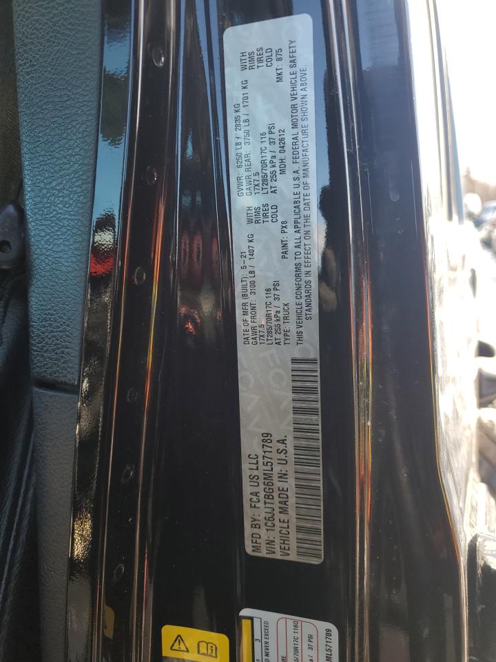 2021 Jeep Gladiator VIN 1C6JJTBG6ML571789 Copart auction photo, rear end / undercarriage damage thumbnail 12