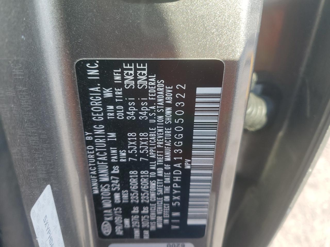 2016 KIA Sorento VIN 5XYPHDA13GG050322 Copart auction photo, front end / minor dent/scratches damage thumbnail 12
