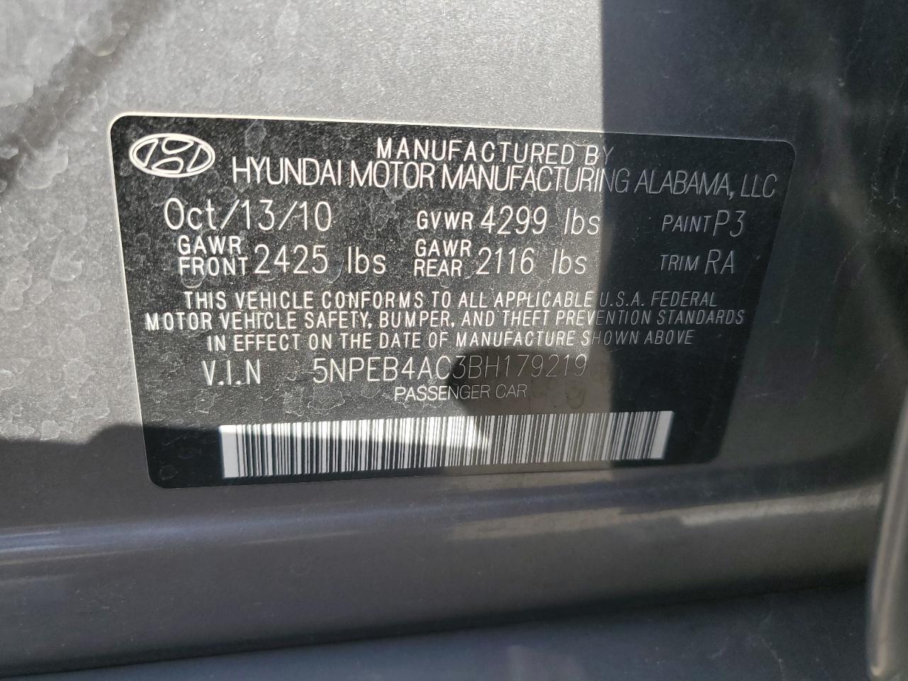 2011 Hyundai Sonata VIN 5NPEB4AC3BH179219 Copart auction photo, vandalism damage thumbnail 12
