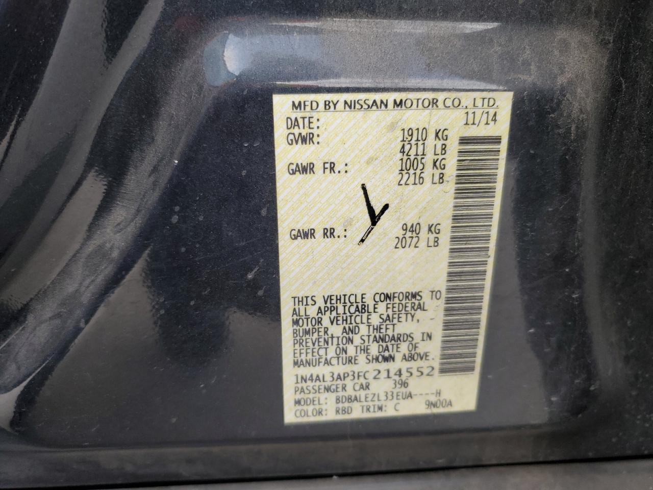 2015 Nissan Altima VIN 1N4AL3AP3FC214552 Copart auction photo, front end / minor dent/scratches damage thumbnail 12