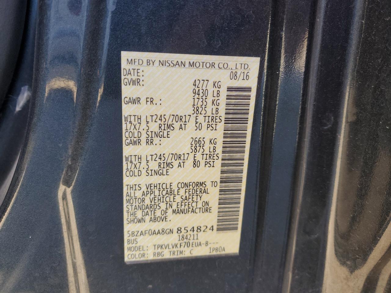 2016 Nissan NV VIN 5BZAF0AA8GN854824 Copart auction photo, top/roof / minor dent/scratches damage thumbnail 13