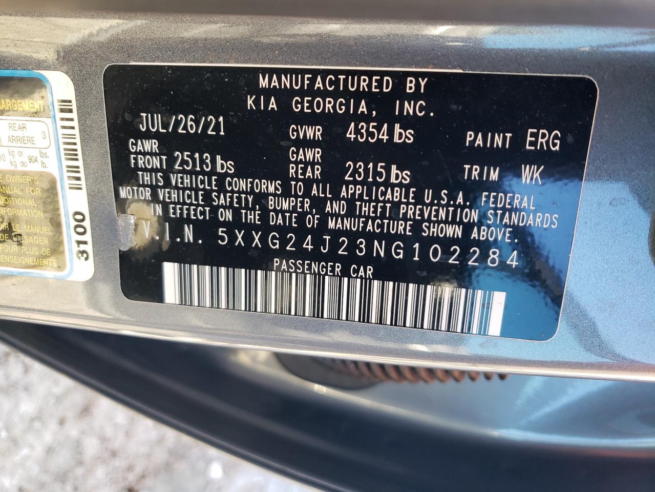 2022 KIA K5 VIN 5XXG24J23NG102284 Copart auction photo, rear end / side damage thumbnail 12