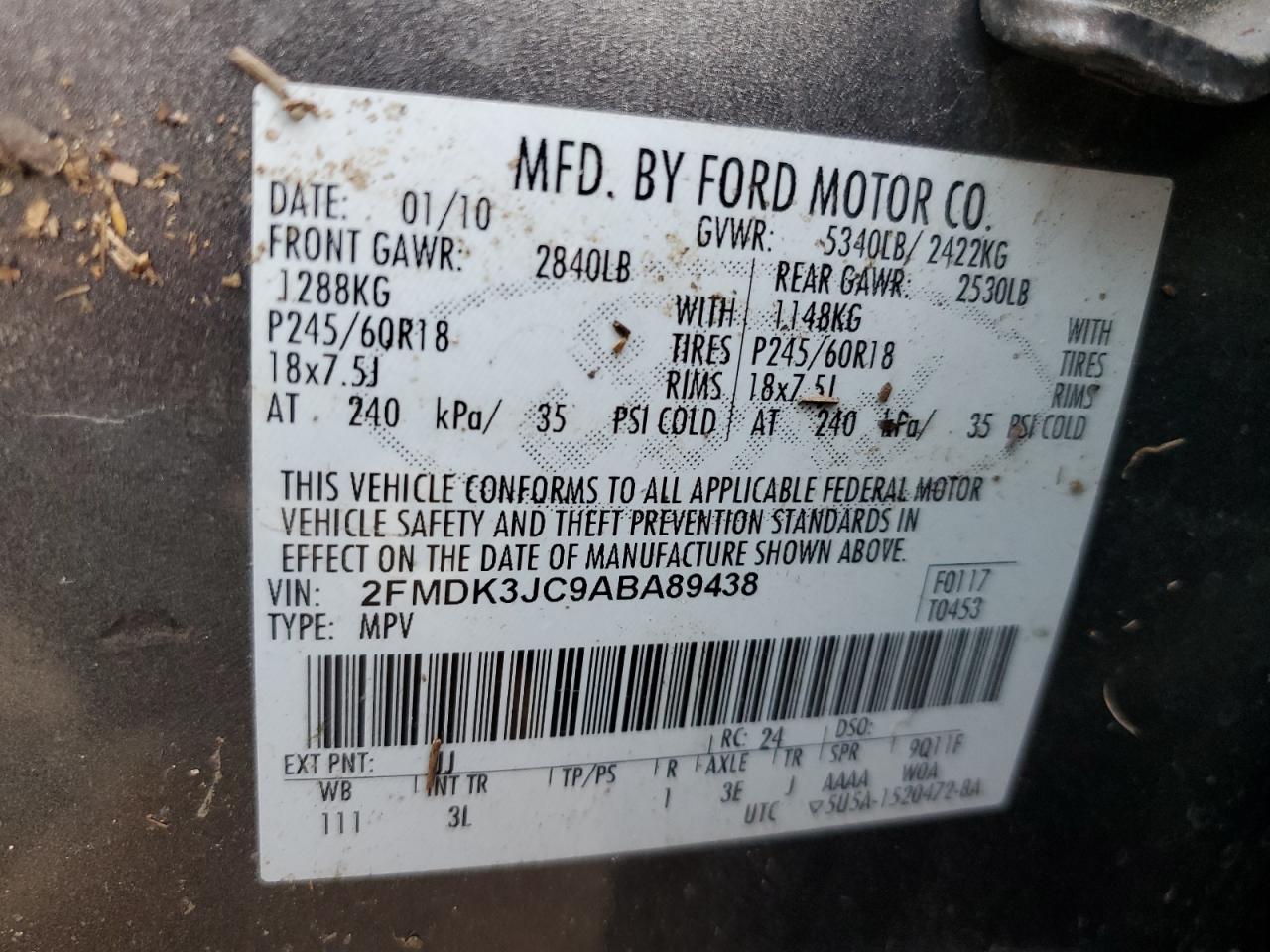 2010 Ford Edge VIN 2FMDK3JC9ABA89438 Copart auction photo, front end damage thumbnail 14
