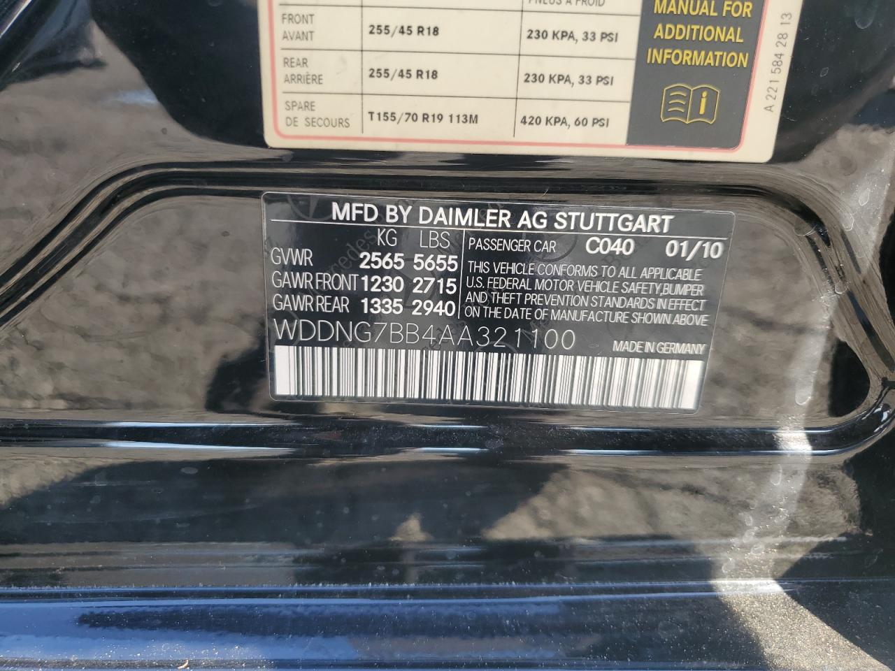 2010 Mercedes-Benz S-klasse VIN WDDNG7BB4AA321100 Copart auction photo, side / front end damage thumbnail 14