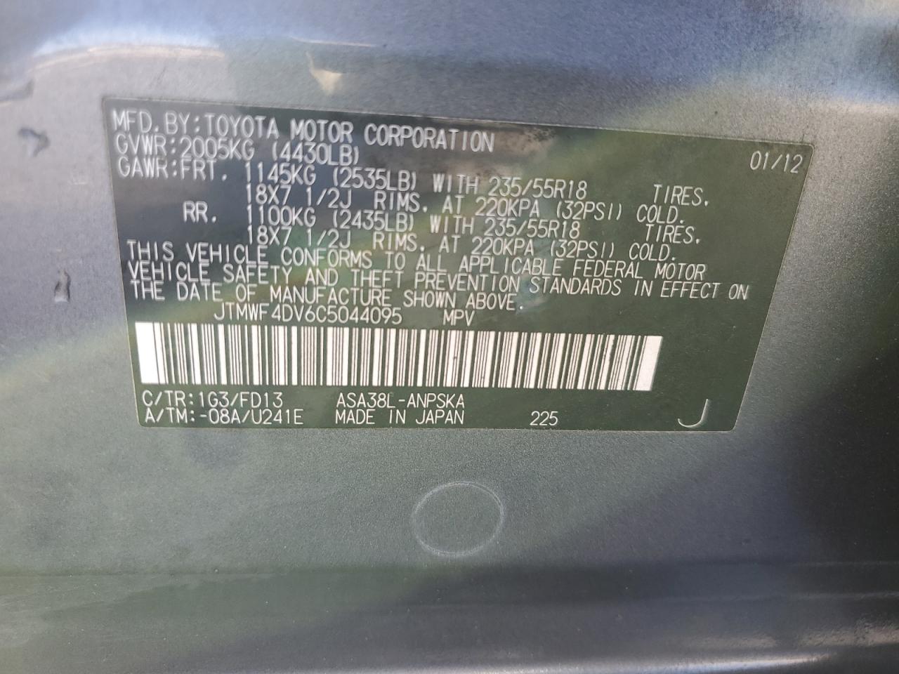 2012 Toyota RAV 4 VIN JTMWF4DV6C5044095 Copart auction photo, rear end damage thumbnail 13