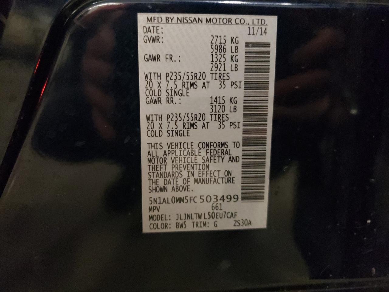 2015 Infiniti QX60 VIN 5N1AL0MM5FC503499 Copart auction photo, front end damage thumbnail 13