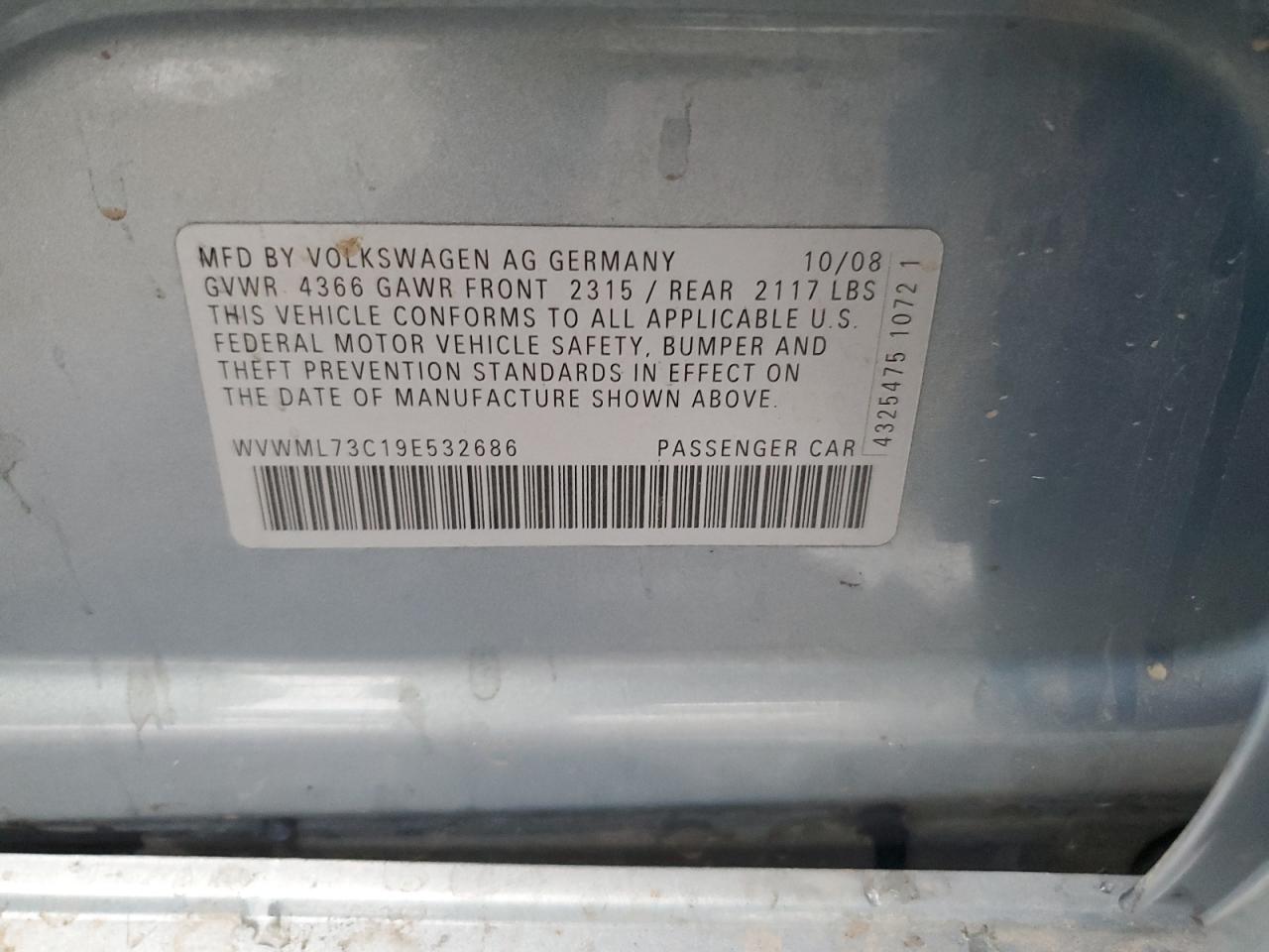 2009 Volkswagen Passat CC VIN WVWML73C19E532686 Copart auction photo, rear end / hail damage thumbnail 14