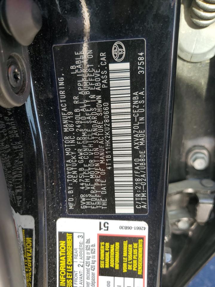 2019 Toyota Camry VIN 4T1B11HK2KU280660 Copart auction photo, front end / side damage thumbnail 12