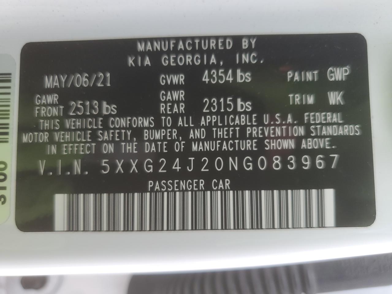 2022 KIA K5 VIN 5XXG24J20NG083967 Copart auction photo, side / front end damage thumbnail 12