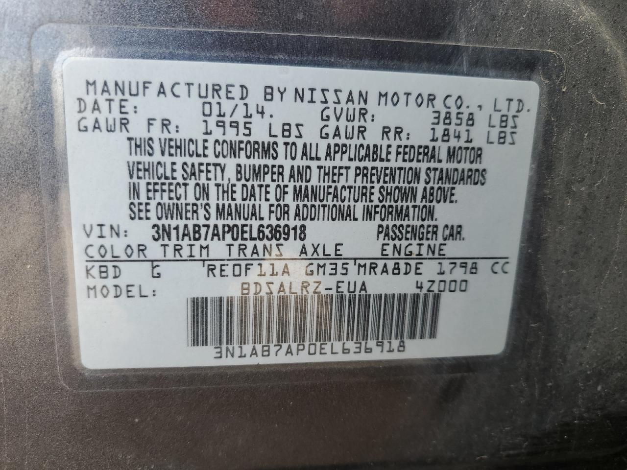 2014 Nissan Sentra VIN 3N1AB7AP0EL636918 Copart auction photo, all over / minor dent/scratches damage thumbnail 12